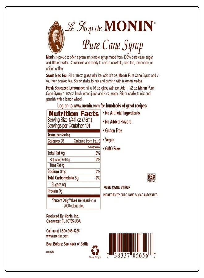 Monin - Pure Cane Syrup with Monin BPA Free Pump, Boxed, Pure and Sweet, Great for Coffee, Tea, and Specialty Cocktails, Gluten-Free, Non-GMO (750 ml) - Image 2